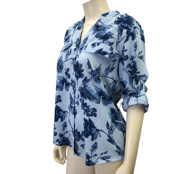 Calvin Klein Womens Blue Floral Button-Down Blouse W Roll-Tab Sleeves Size S NWT - Picture 2 of 8